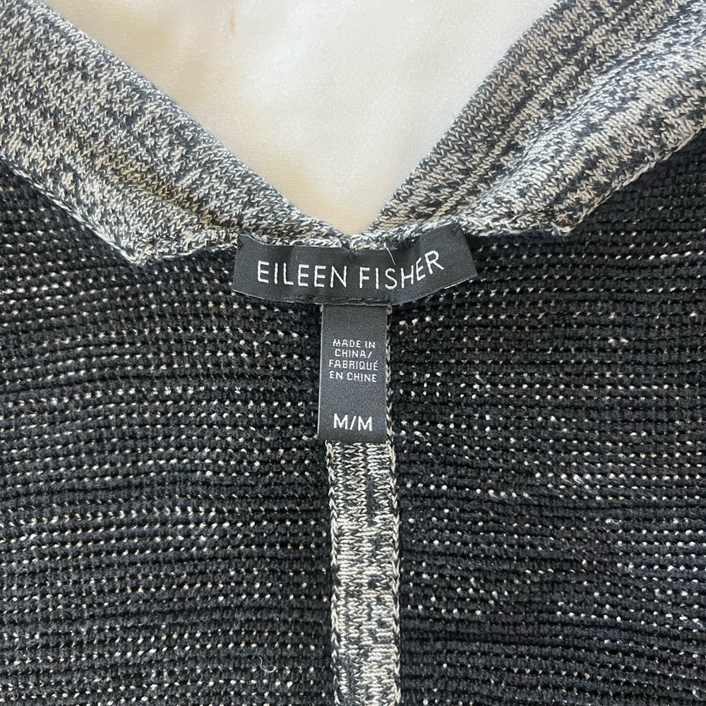 Eileen Fisher Silk Organic Cotton Open Front Cardigan‎ Knit Sweater Grey Black - Picture 4 of 5
